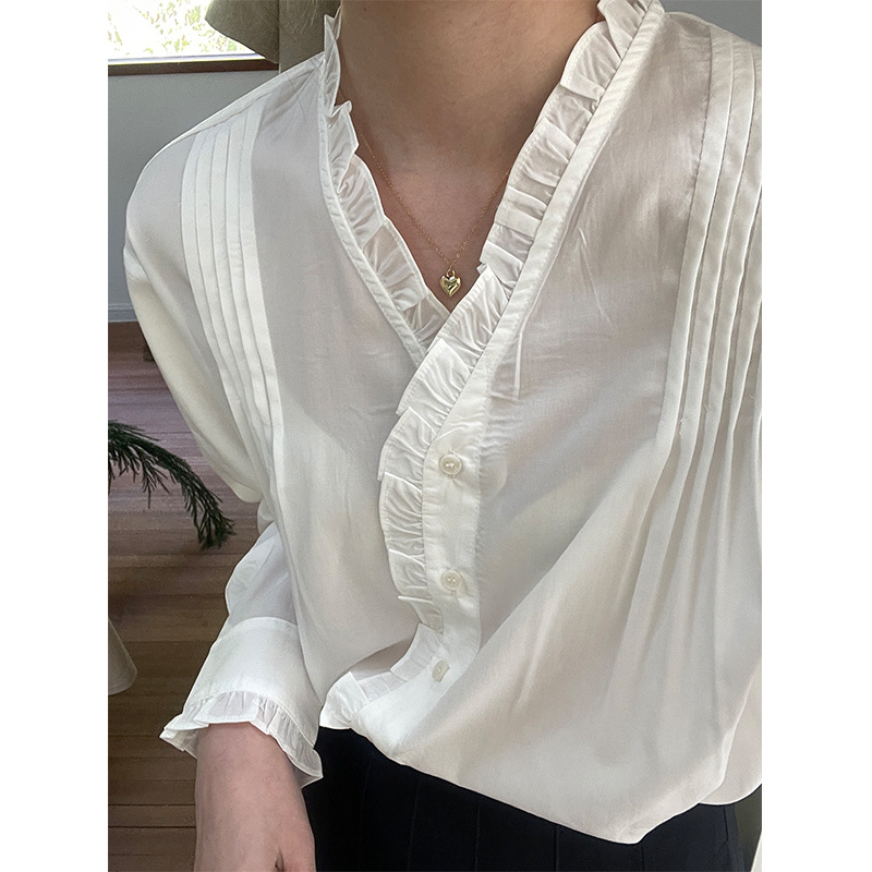 2025 Autumn New V-Neck Long-Sleeved Ear-Hem Cardigan Top Korean Style Casual Loose Simple Shirt Women Wholesale