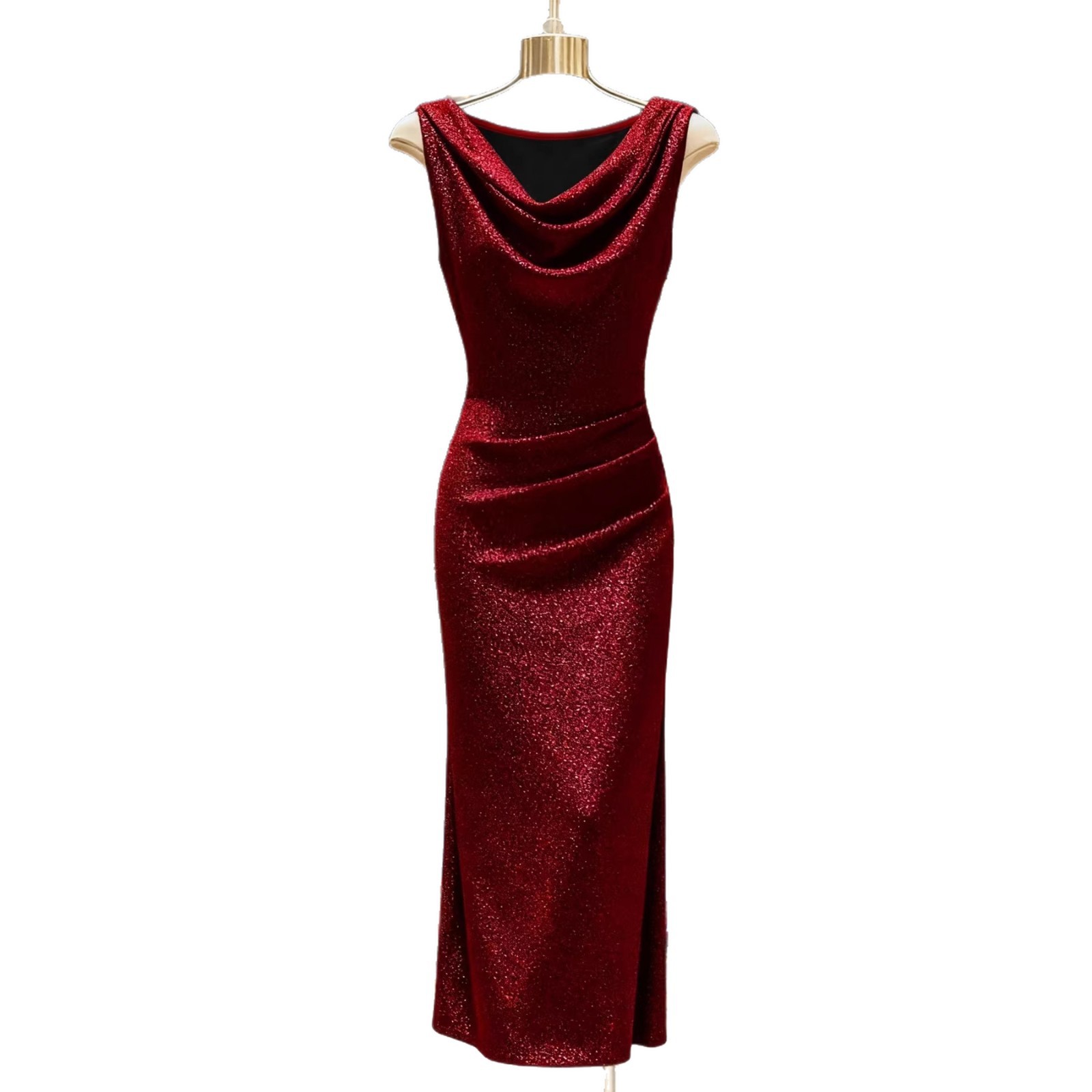 Elegante glitterjurk met split en gelaagde halslijn voor cocktailparty's, bruiloften en banketten._voghion.com