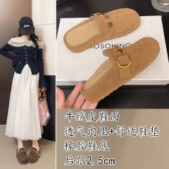 牛绒皮复古勃肯鞋女2025秋季新款厚底圆头一脚蹬休闲百搭真皮半拖