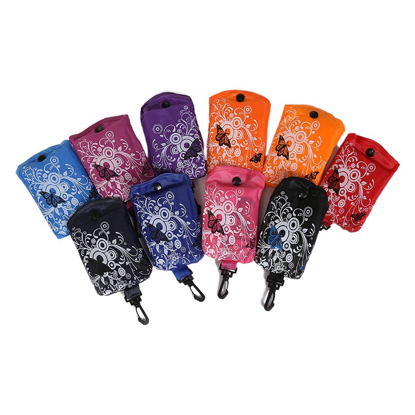 Bolsa de compras plegable de flores de mariposa Portátil Bolsa de protección ambiental en stock logotipo imprimible bolsa de almacenamiento de tela de poliéster Oxford