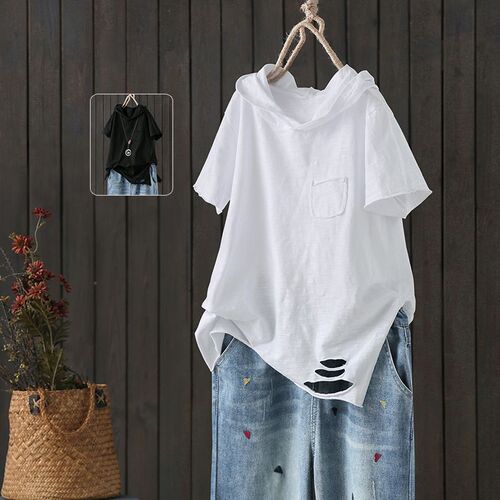 Hooded T-shirt for women's summer new loose short-sleeved artistic and broken hole casual top