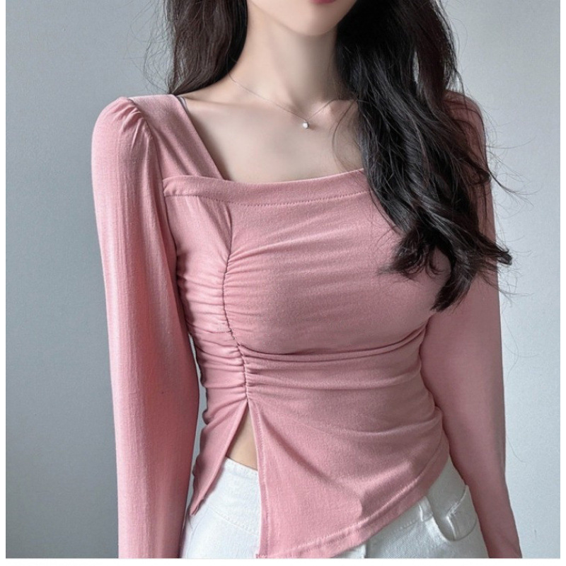 In Stock--Korean Dongdaemun Sweet and Sexy~Pure Desire Square Neck Pleated Waist Slimming Slit Long-Sleeved T-Shirt