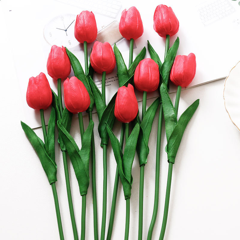 Tulipanes de simulación PU de alta gama flores de simulación de flores de una sola rama sensación de humedad decoración de mesa de comedor en el hogar flores falsas