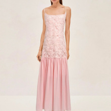 2024春夏新款吊带刺绣立体花朵拼接雪纺长裙连衣裙修身女