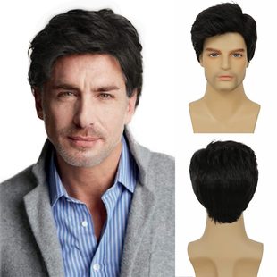 Factory Direct Sales Cross-Border Men's Wig Black Side-Parted Short Straight Hair Fashionable Chemical Fiber Short Headgear Natural White Wig