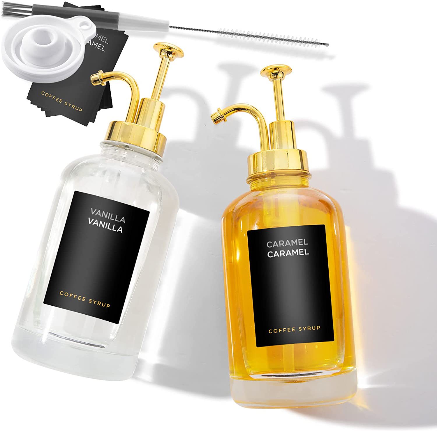2PCS咖啡糖漿分配器套裝帶9個標籤和硅膠漏斗500ML透明玻璃糖漿瓶