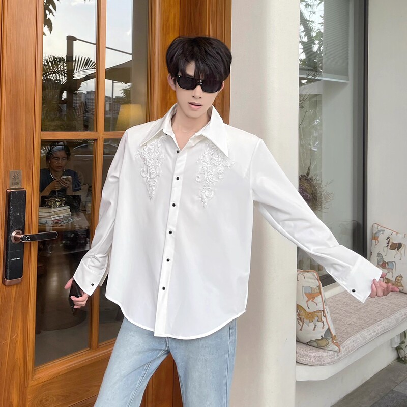 Factory Direct Supply Black Long-Sleeve Shirt for Men with Niche Three-Dimensional Sequin Embroidery Design, Light Luxury Shoulder Pad Shirt Trendy