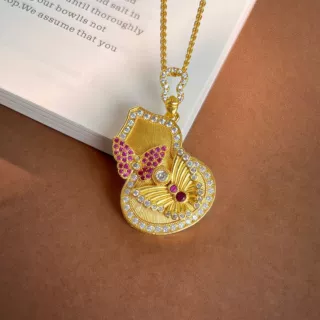 新中式镶钻双蝴蝶拉丝葫芦镀金吊坠女轻奢金店同款仿金项链锁骨链