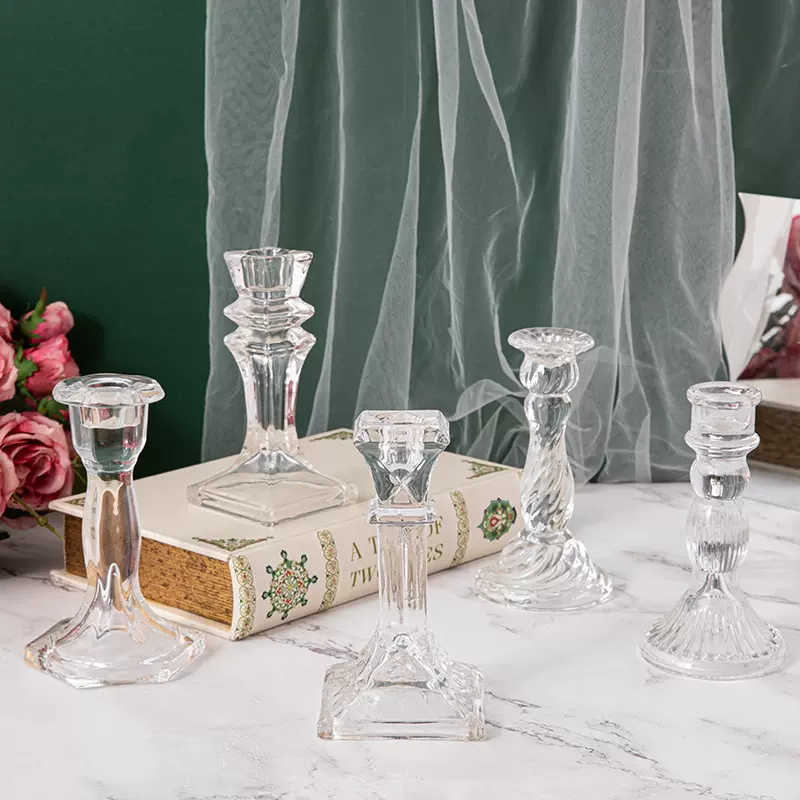 欧式玻璃烛台扭纹 四方 六角透明玻璃蜡台婚庆家居摆件亚马逊批发