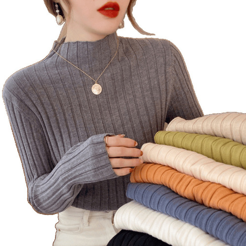 Pit-Striped Half-High Neck Base Shirt for Women | Autumn/Winter White Stylish All-Match Top + Black Knitted Sweater