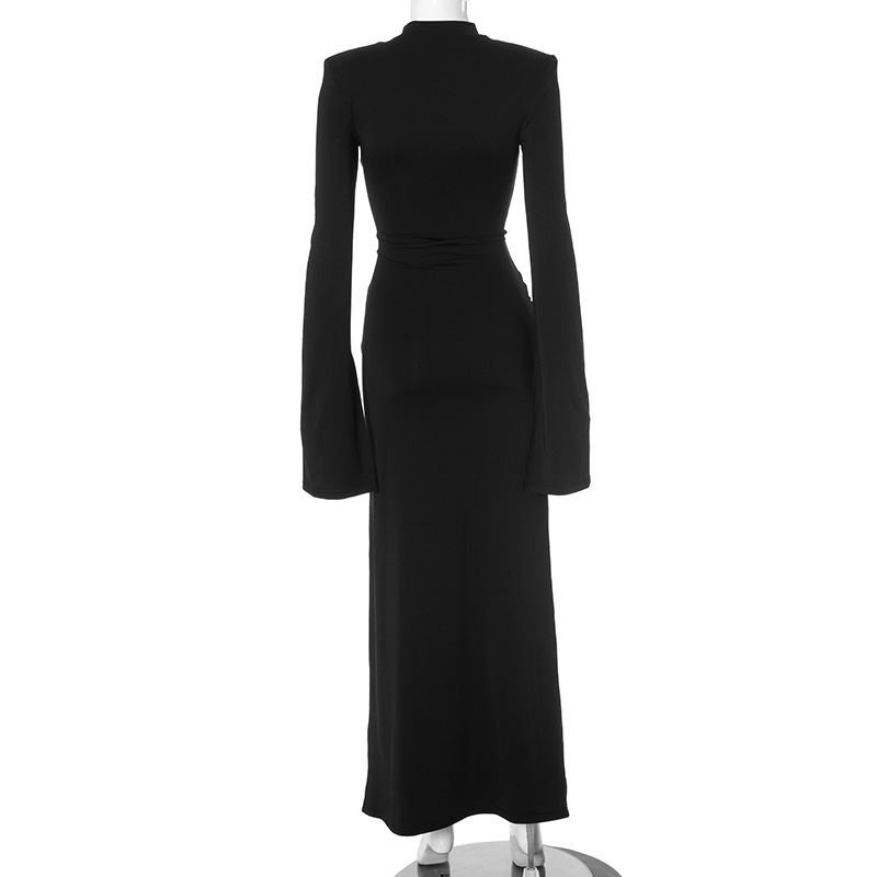 Women Clothing Sexy Slim Fit Solid Color round Neck Split Cuff Maxi Dress