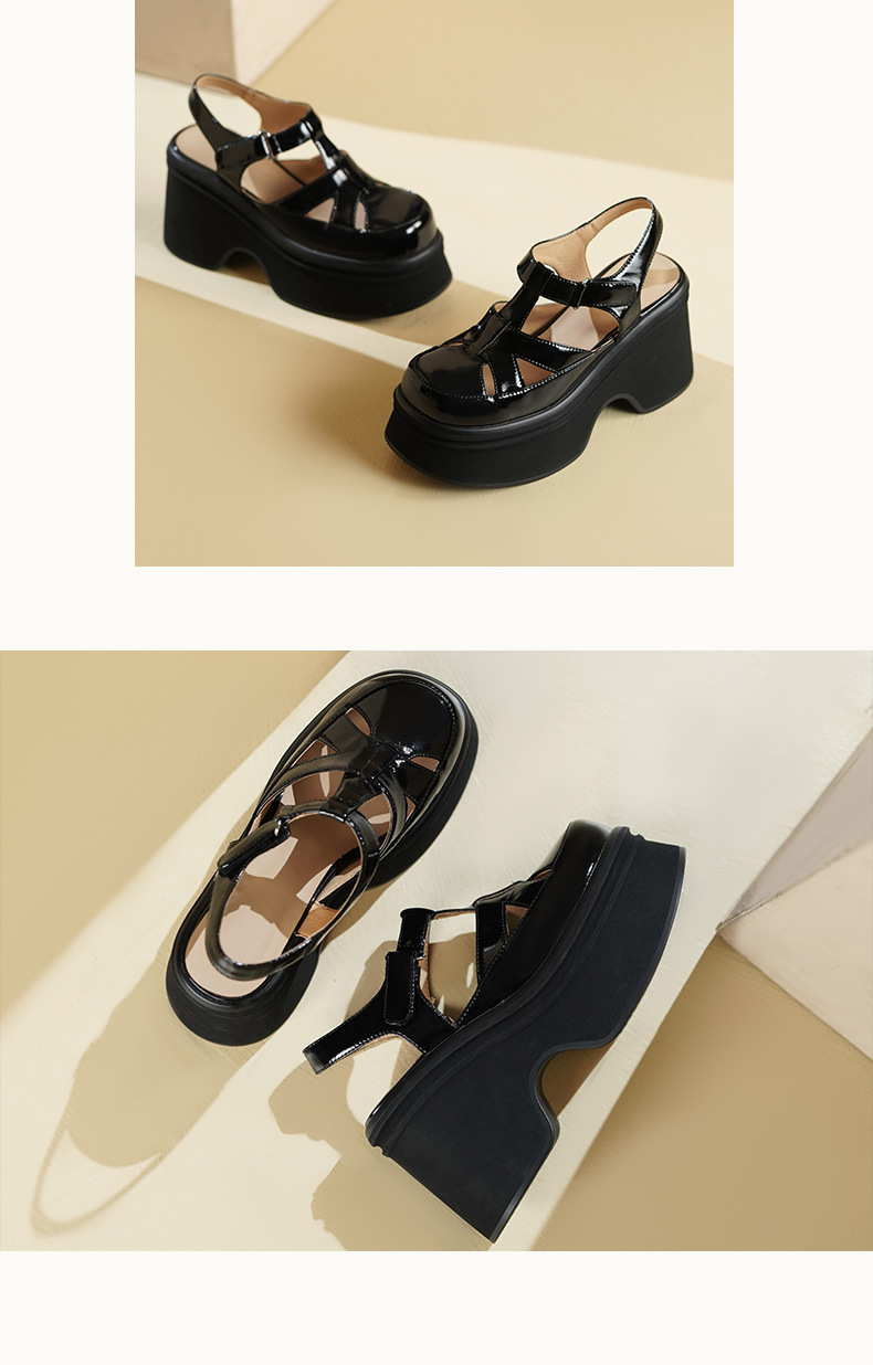 Sandal cao gót nữ 10 cm quai ngang mũi hở đế platform da bóng — Màu đen, Màu trắng be chi tiết 6