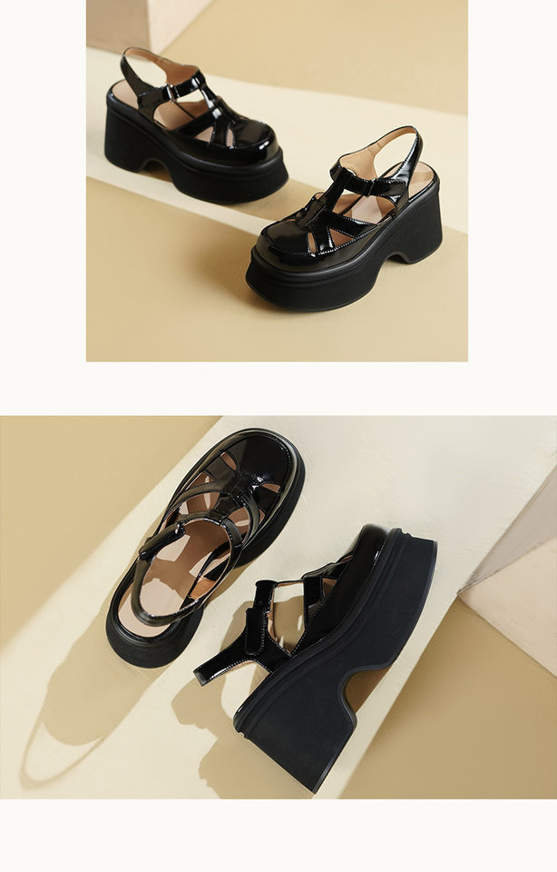 Sandal cao gót nữ 10 cm quai ngang mũi hở đế platform da bóng — Màu đen, Màu trắng be chi tiết 6