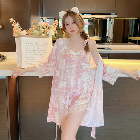 Pajamas women's 22 summer new ice silk printed cool suspender shorts outer wear three-piece home wear plus chest cotton hair band