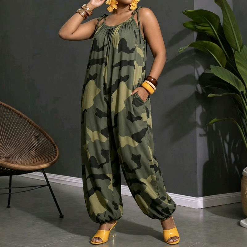 Plus-size women's clothing, European and American cross-border bohemian style, solid color sleeveless jumpsuit with pockets and wide legs Plus-size women's clothing, European and American cross-border bohemian style, solid color sleeveless jumpsuit with pockets and wide legs