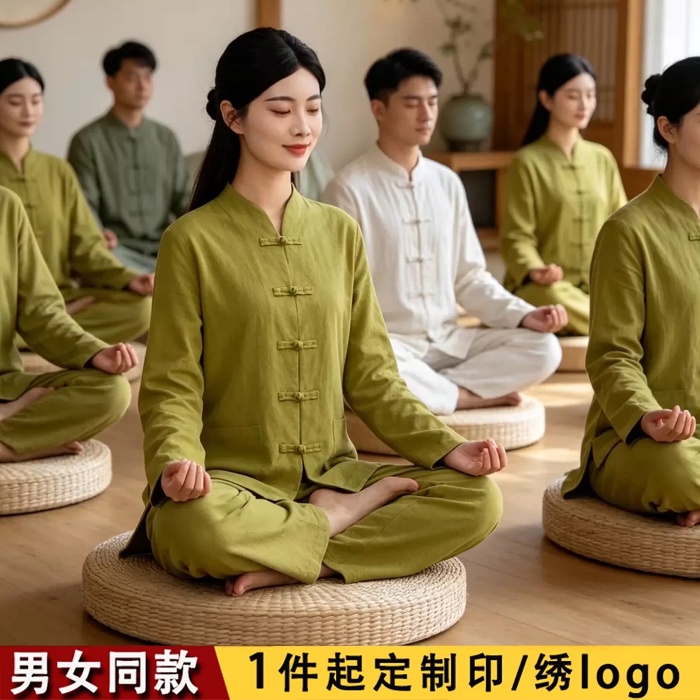 高级禅服女套装新中式V领长袖禅意佛系女装寺院居士服义工服定log