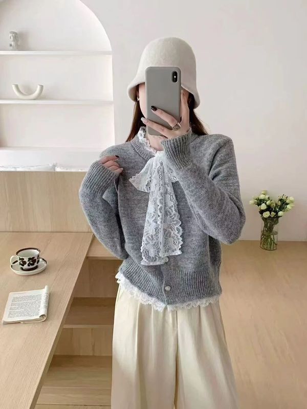 2025早秋新款针织开衫女蕾丝花边毛衣外套上衣长袖打底衫外搭小衫|undefined