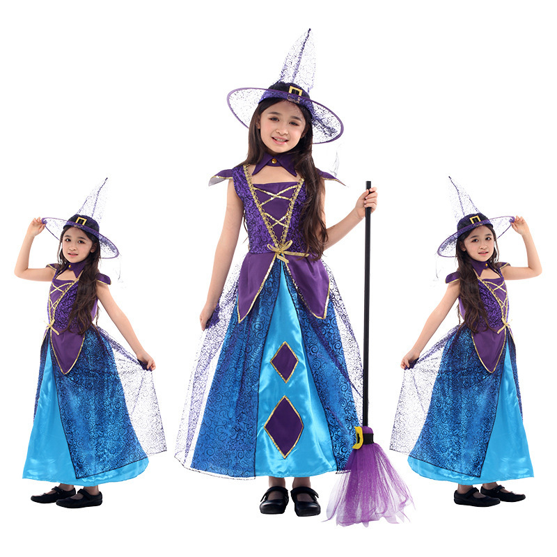 批发万圣节女巫服装巫婆衣服小紫女巫师儿童表演服批发