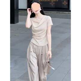 气质荡领短袖T恤女2025新款夏季短款超好看单穿独特漂亮掐腰上衣