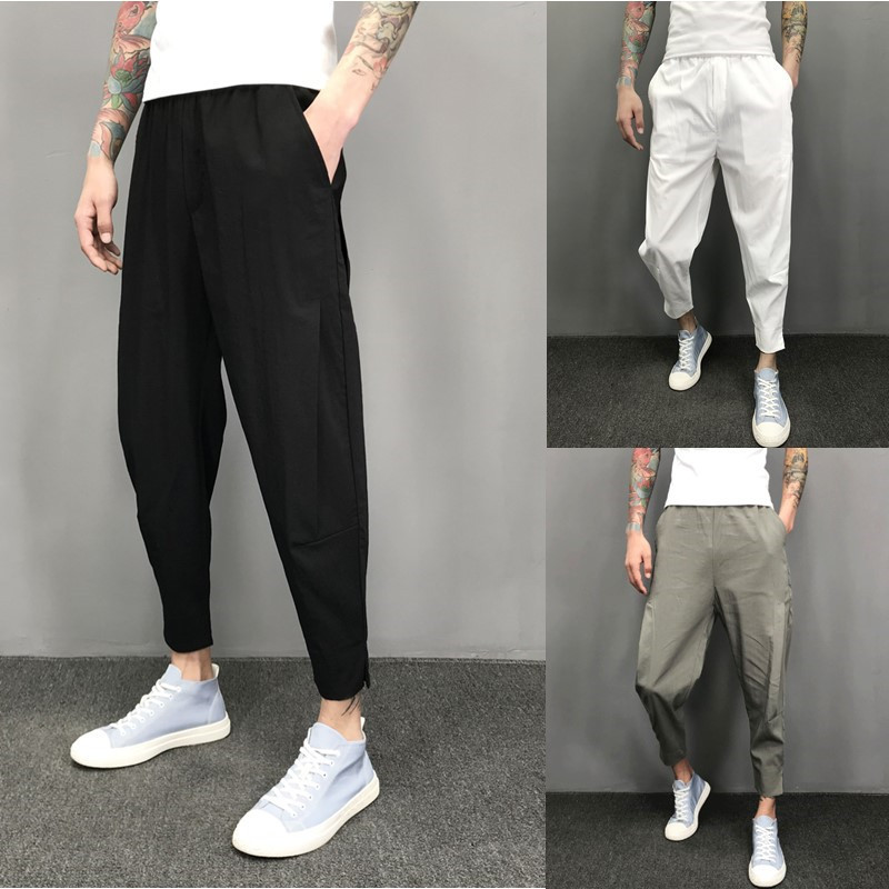 夏季棉麻休闲裤薄款宽松裤子男社会精神小伙开叉小脚裤冰丝九分裤