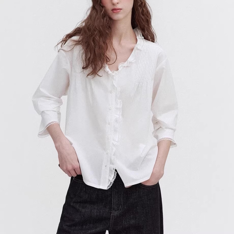 Wild Strawberry' Romantic Ruffled Embroidered Lace Deep V-Neck Gentle Cotton Shirt for Women