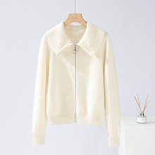 鄂尔多斯市产POLO大翻领小绒面女开衫毛衣100纯羊绒外套羊绒衫女