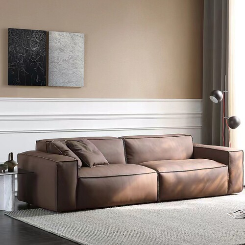 Italian minimalist tofu block leather sofa small apartment medium thick first layer cowhide three person retro straight living room sofa