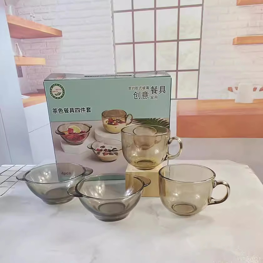 Tazón de vidrio marrón plato olla traje hogar caja de regalo embalaje tazón de vidrio transparente placa imprimible logotipo regalo de empresa