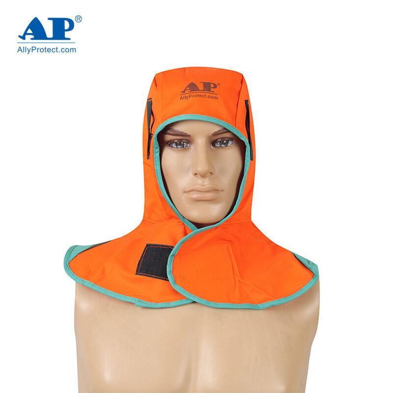 友盟AP-6671橙红色阻燃布全护式焊帽 配置魔术贴带扣设计焊接披肩