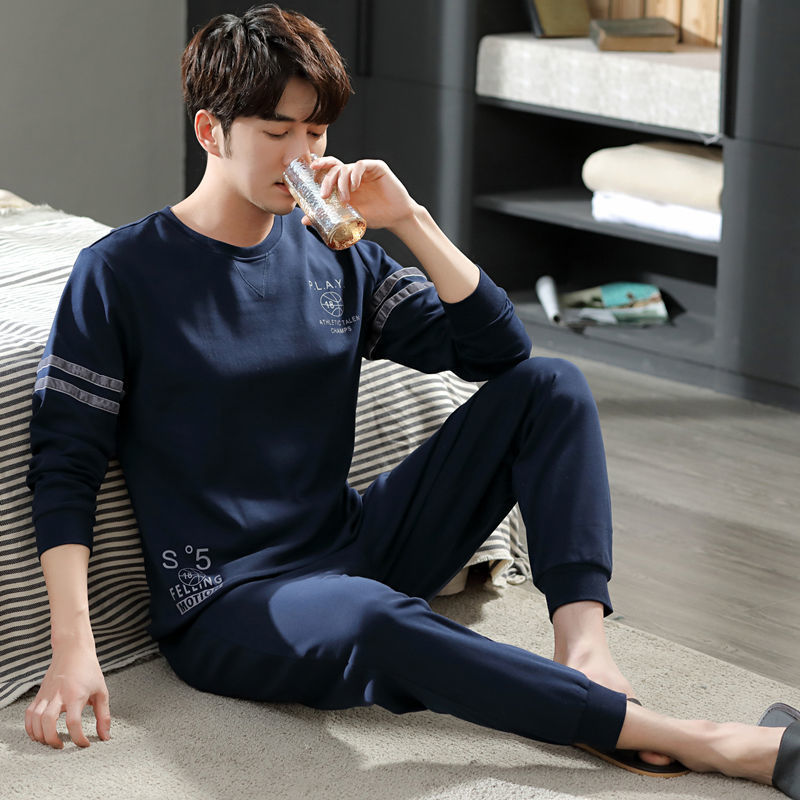 하이 엔드 양면 면화 남성 잠옷 봄, 가을, 겨울 긴팔 청소년 긴팔 대형 루즈 홈웨어 세트