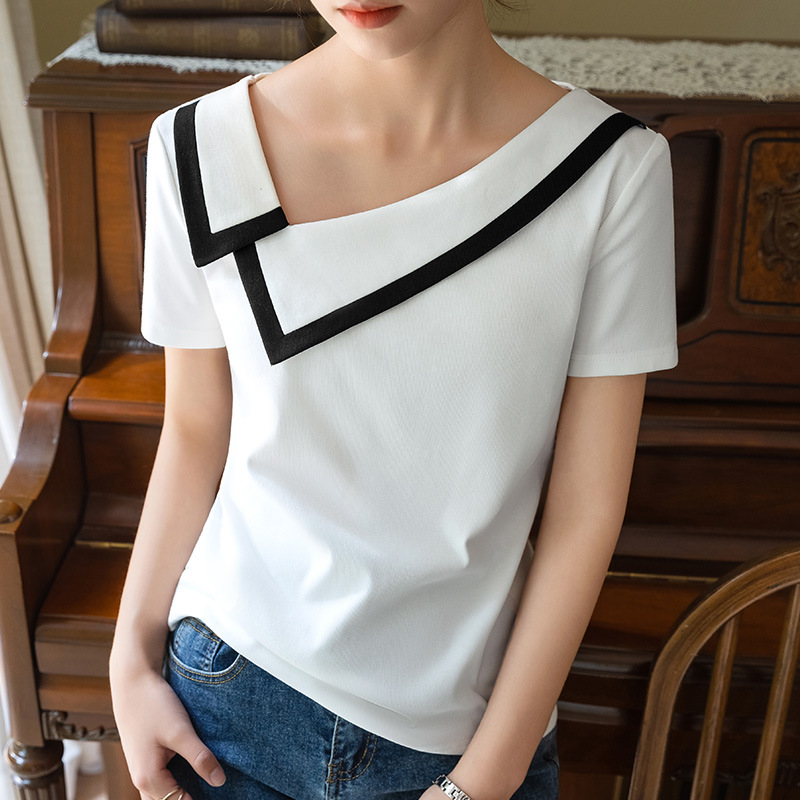 Camiseta de manga corta para mujer, estilo nuevo de verano 2025, camiseta de algodón con cuello en V y hombros caídos estilo francés con diseño de cuello en contraste de color.