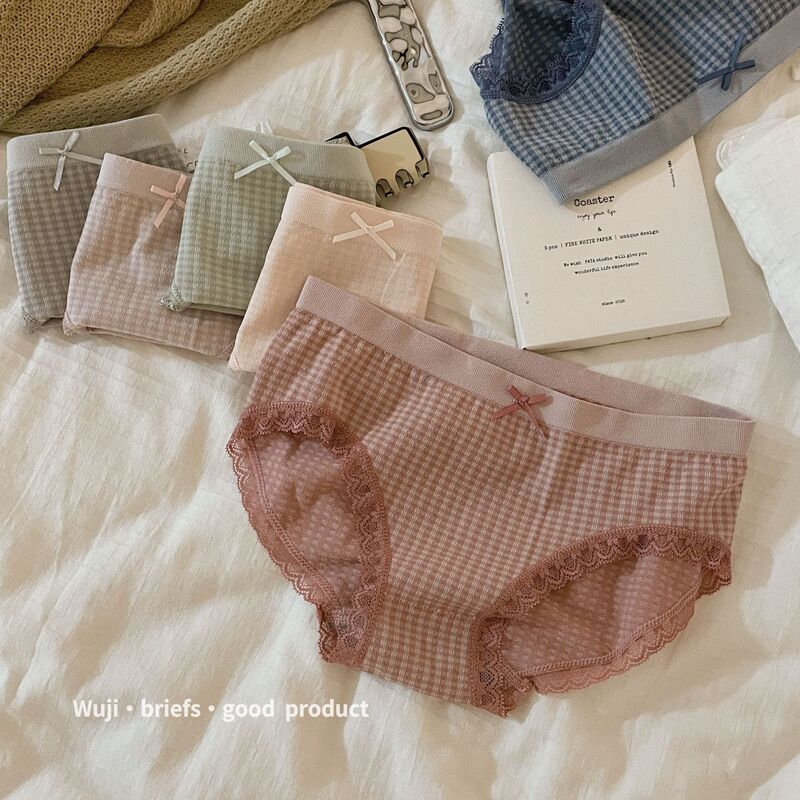 My skin good product graphene antibacterial pure cotton file new Japanese Plaid lace mid-waist briefs high elastic non-stuck