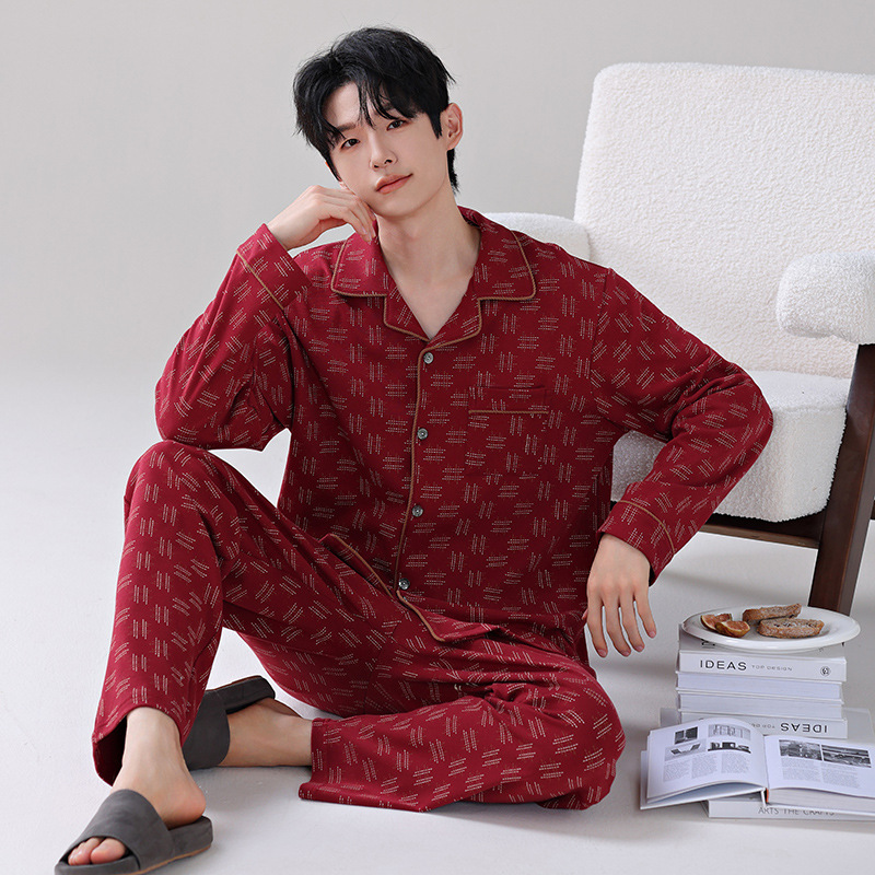 Red Pajamas for Newlyweds, Men's Autumn Set, Plus-Size Pure Cotton Long-Sleeve Home Wear Red Pajamas for Newlyweds, Men's Autumn Set, Plus-Size Pure Cotton Long-Sleeve Home Wear