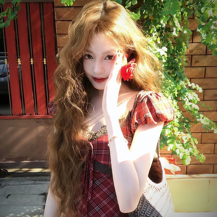 韩系复古泡泡袖连衣裙格纹蕾丝拼接夏季设计感小众修身显瘦长裙|undefined