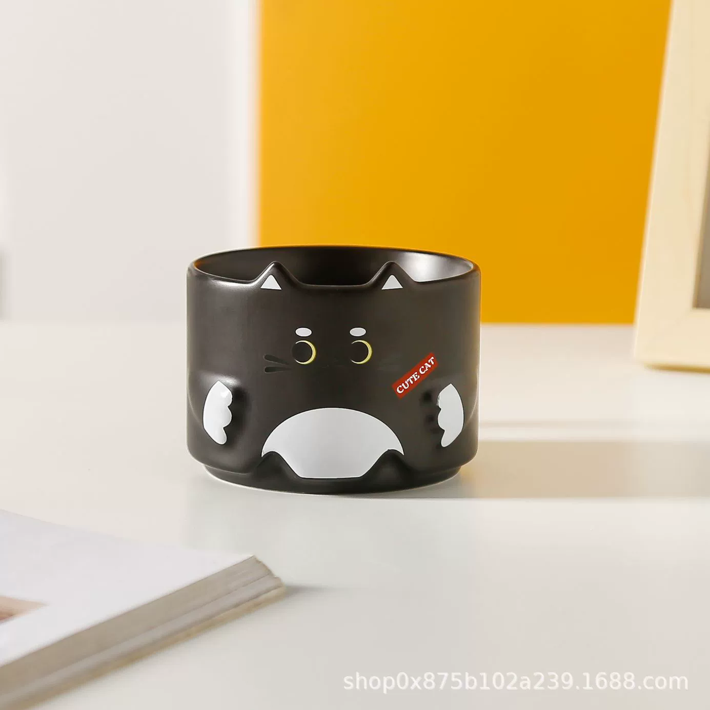 Stackable ceramic cat mugs, 301–400 ml, giftable home coffee cups, white/black/fuchsia/blue