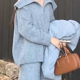 大翻领拉链毛衣时尚套装女秋冬新款韩版宽松休闲针织阔腿裤两件套