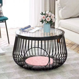 Integrated Cat Dual-Use Iron Coffee Table Living Room Small Pet Cat Nest Household Glass Tea Table Simple Balcony Internet Celebrating