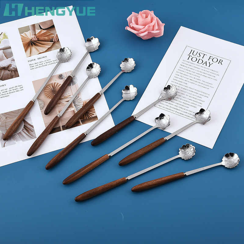 스테인레스 스틸 호두 손잡이 커피 숟가락 디저트 케이크 꽃 숟가락 머그컵 벽걸이 숟가락 손 선물 식기