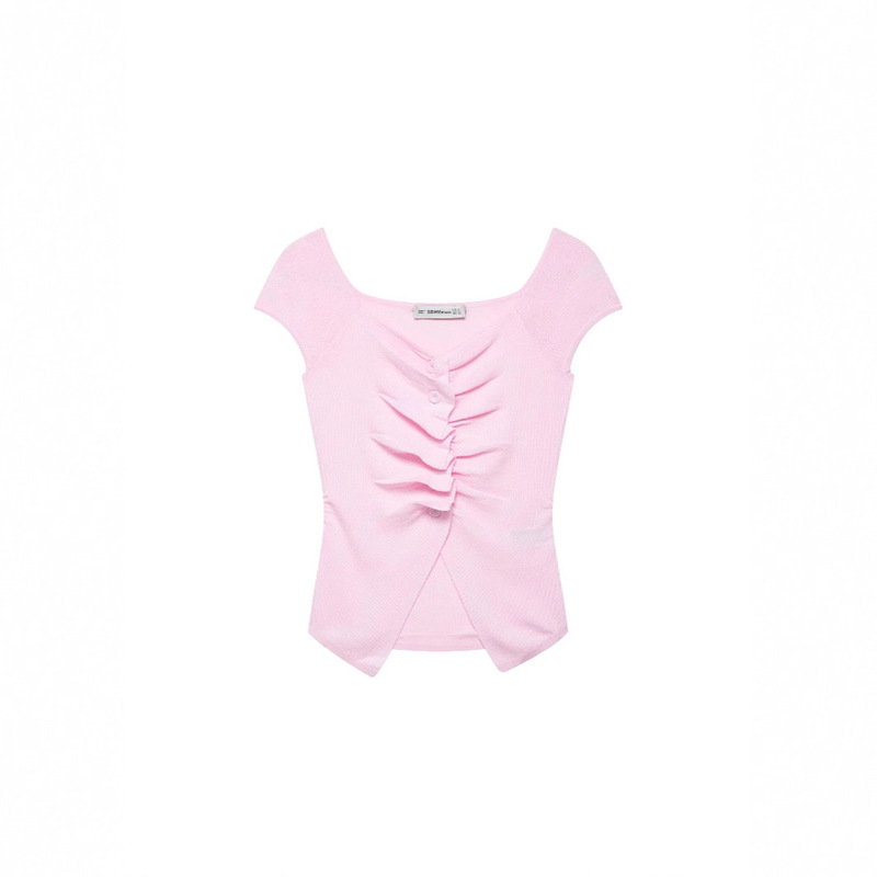 Cross-Border Foreign Trade Women's Clothing 2025 Summer New European and American Style Versatile Casual Fashion Pleated Decorative Knitted Top