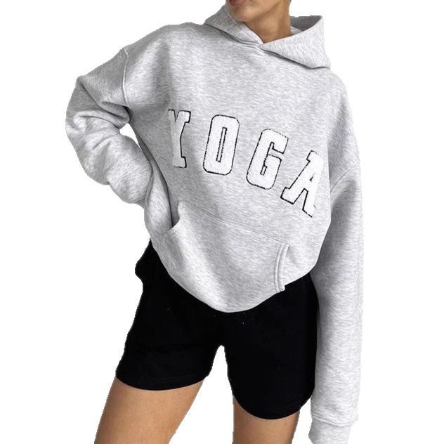 New Casual Gray Embroidered YOGA Printed Loose Hooded Women's Sweatshirt_voghion.com