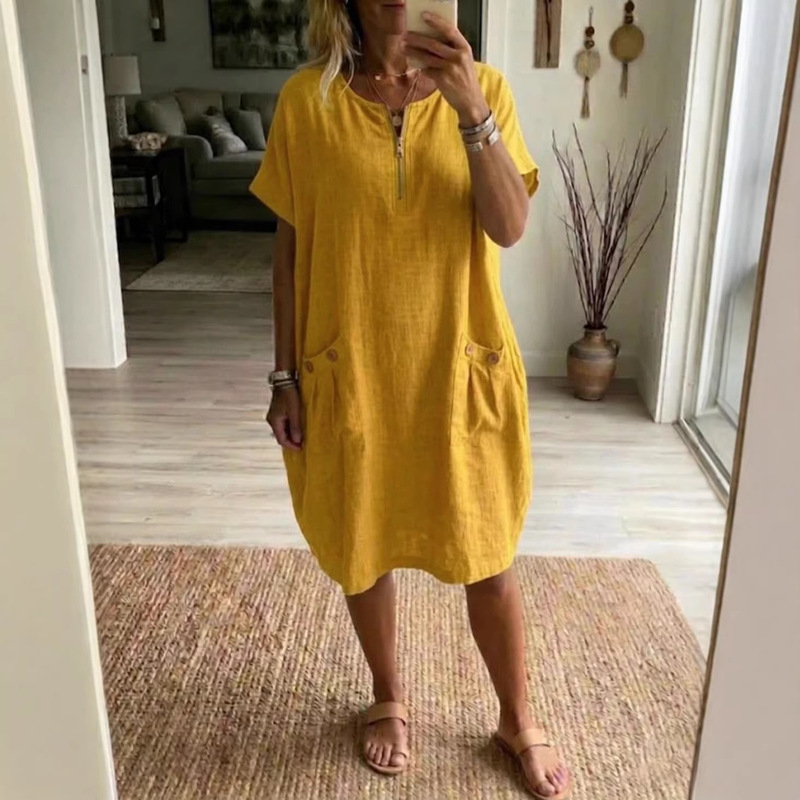 2026 Amazon European and American Autumn Cotton and Linen Small V-Neck Patchwork Retro Solid Color Zipper Short-Sleeved Dress for Women 2026 Amazon European and American Autumn Cotton and Linen Small V-Neck Patchwork Retro Solid Color Zipper Short-Sleeved Dress for Women