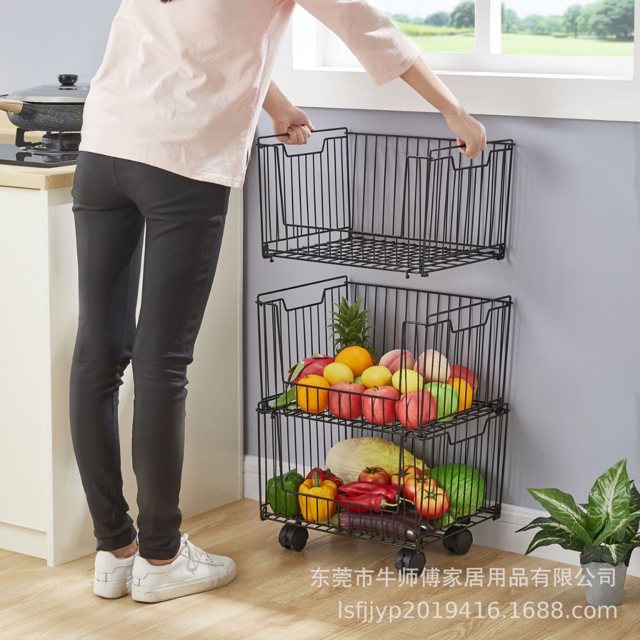 Estante de frutas y verduras de cocina multifuncional, canasta de preparación de bocadillos de dormitorio, estante de almacenamiento de dormitorio, canasta de almacenamiento de hierro forjado, rueda universal