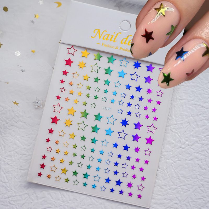 Foreign trade hollow simple five-pointed star nail art sticker 8 x 10cm black and white star adhesive waterproof nail sticker