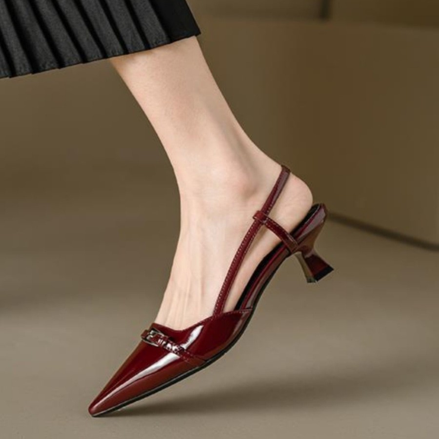 3cm Cat Heel Women's Burgundy Patent Leather French Low Heel Peep Toe Sandals Pointed Toe High Heel Retro Open Back Single Shoes