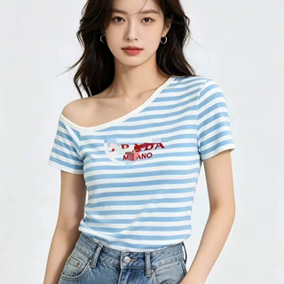 2026夏新款条纹短袖恤女夏季辣妹露肩不对称设计感紧身显瘦斜肩上