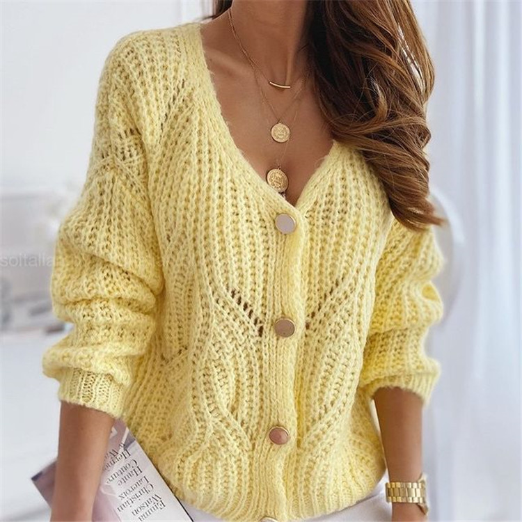 Solid Color Hollow Knit Single-Breasted Sweater NSJXW106477