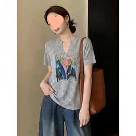 薄款针织灰色V领正肩短袖T恤女2026夏季新款小衫胖mm洋气减龄上衣