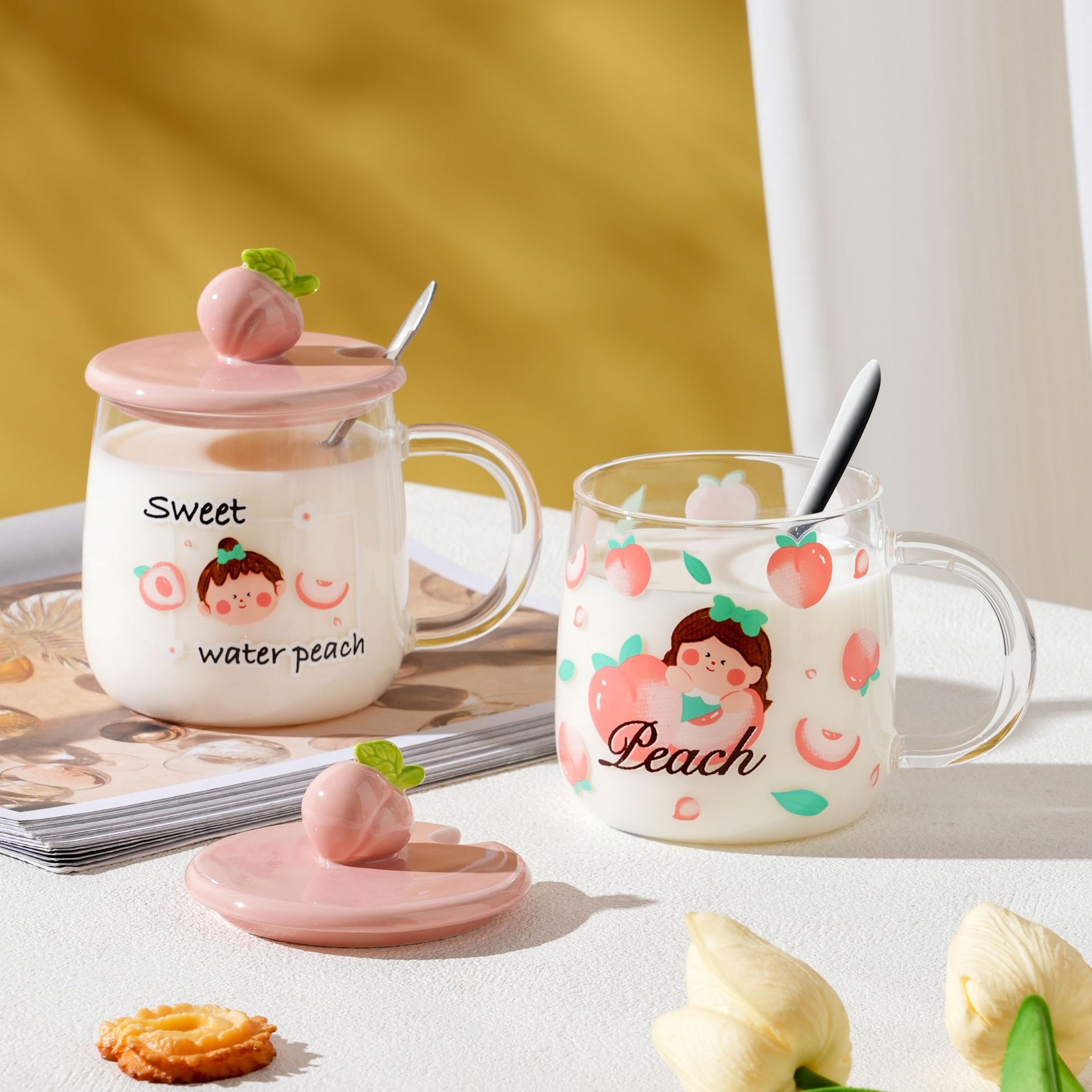 Creativa Rosa Melocotón Chica de vidrio con tapa cuchara regalo personalizado taza de agua estudiante taza de café taza de alta apariencia