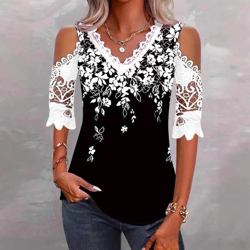 2025 Cross-Border Elegant Lace Off-Shoulder Splicing Fashion Ladies Color Flower Printed Short Sleeve T-Shirt