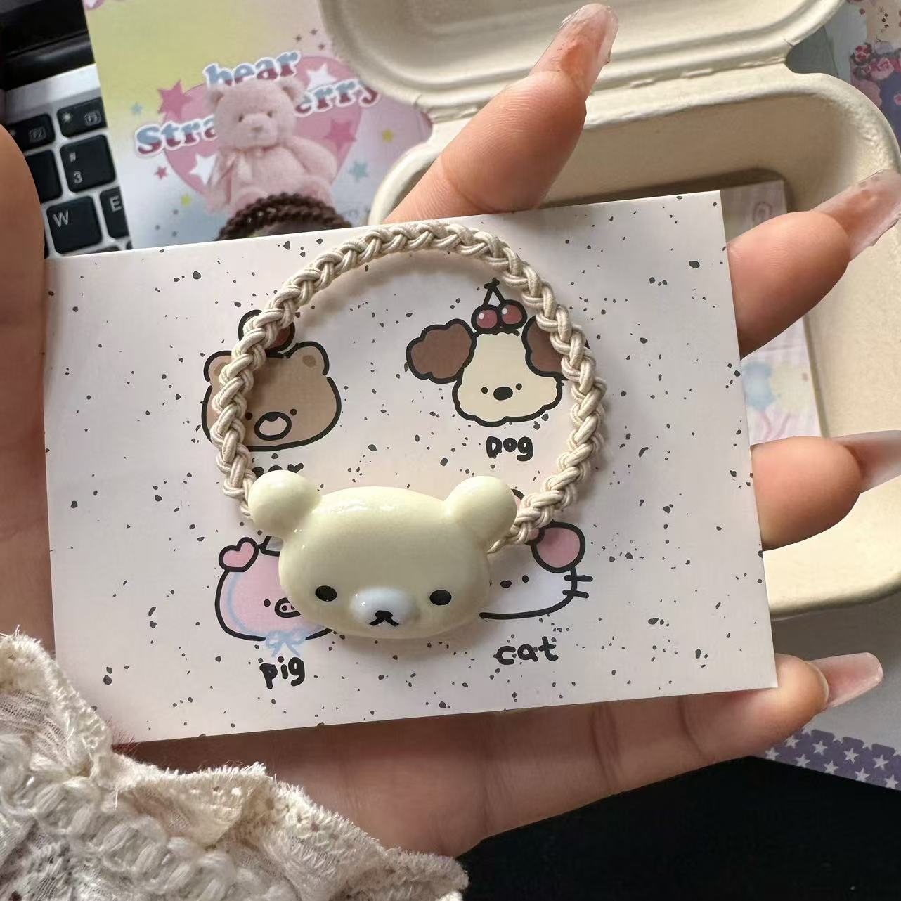 땋은 고무줄 - 베이지색 곰